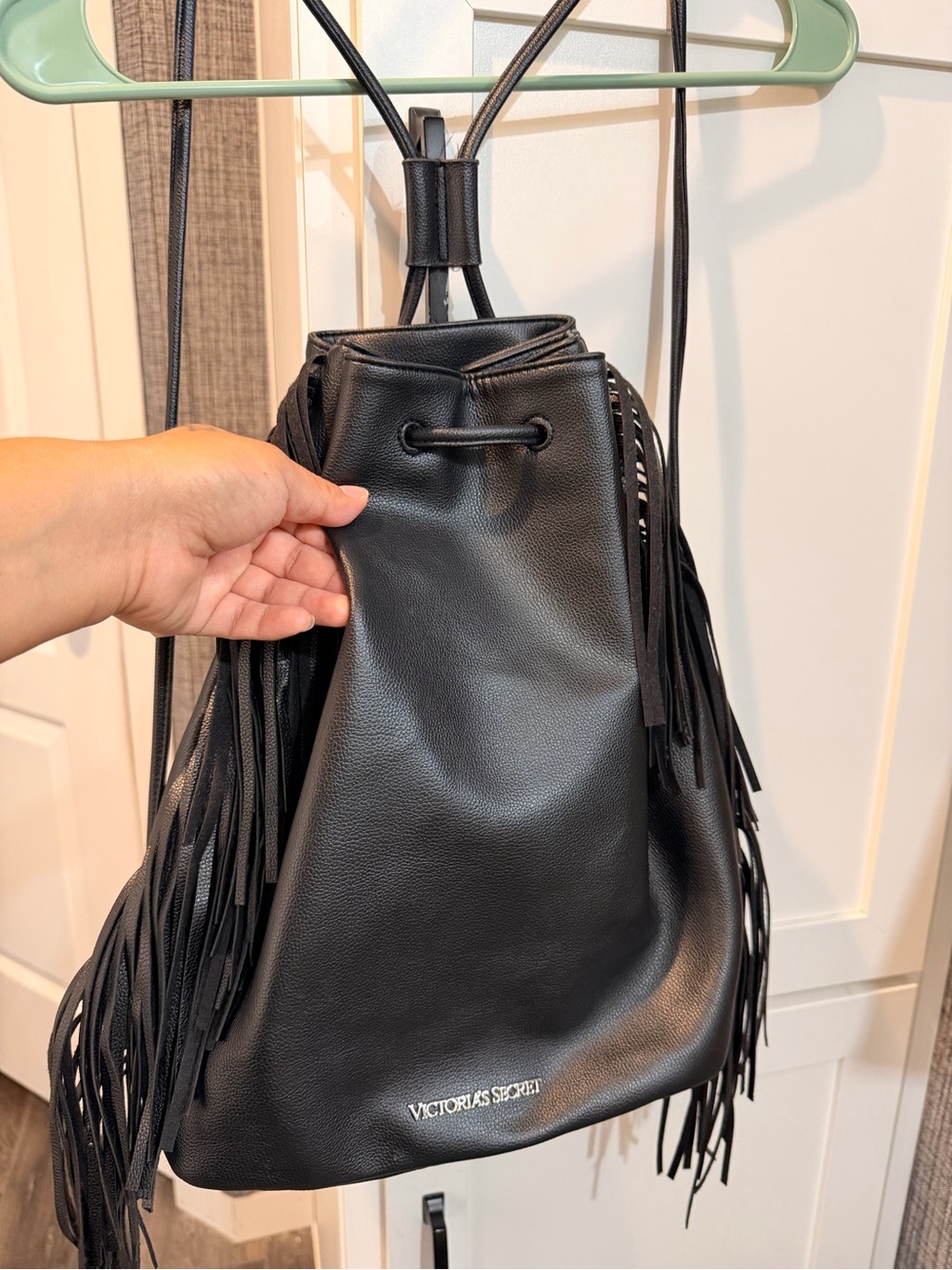 Victoria's Secret Black Faux-Leather Fringe Drawstring Backpack